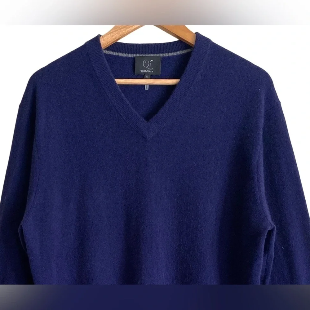 Qi 100% Cashmere Supersoft Preppy Lightweight V-Neck Pullover Sweater Sz XL